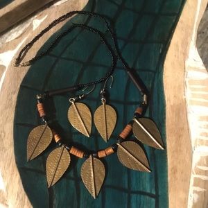 Vintage Beaten Copper Leaf and Beaded Necklace & Earrings Set